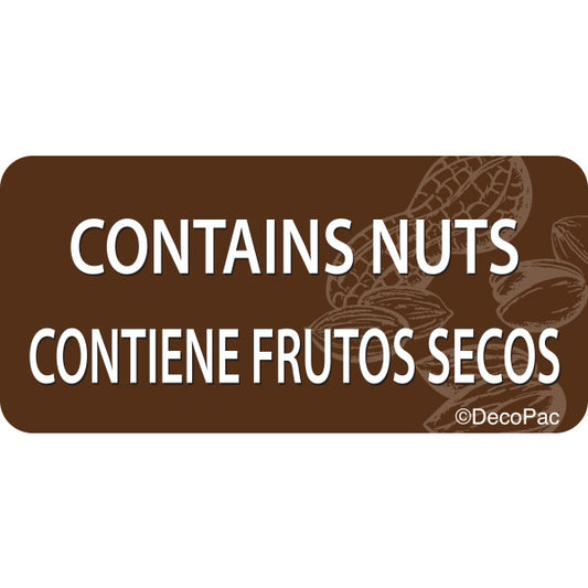 Brown Contains Nuts label with bilingual English and Spanish text and nut illustrations, ideal for bakery allergy signage and food safety labeling.