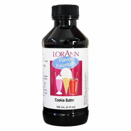 LorAnn Cookie Butter Flavor Fountain bottle with illustrated label showing ice cream and milkshakes, used for flavoring frozen desserts and beverages