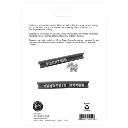Back of the message stamper kit packaging with printed instructions and a photo of a black holder assembled with letters to stamp “BIRTHDAY.”