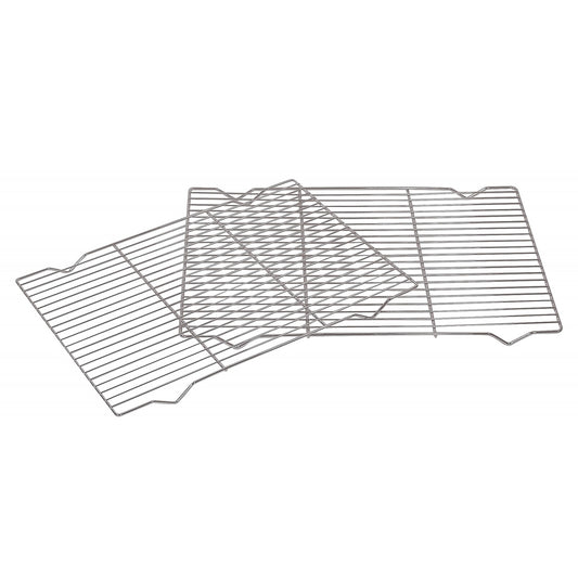 Three large rectangular cooling racks, each measuring 14 by 20 inches, with a grid wire pattern for supporting cookies, cakes, or pastries during cooling.
