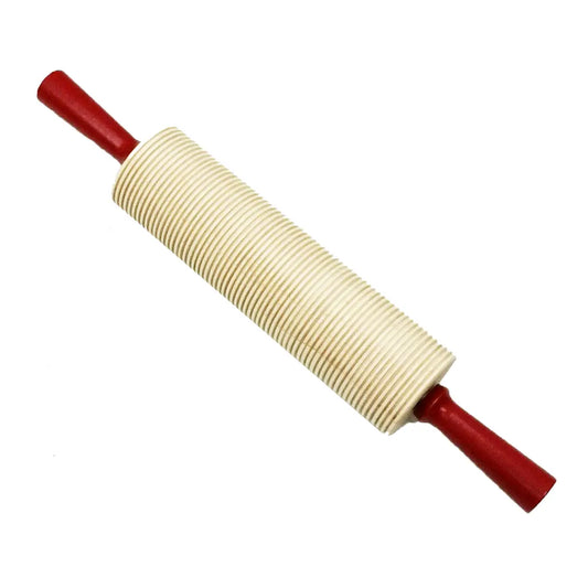 A traditional lefse rolling pin with a corrugated grooved surface, designed for making authentic potato lefse. Made from durable hardwood with smooth rolling action.