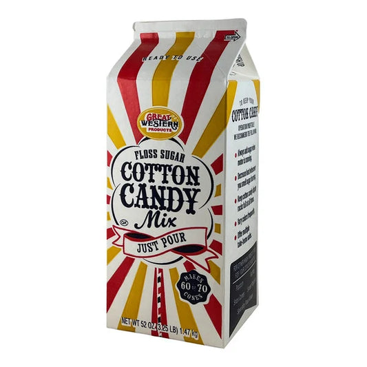 Carton of Great Western Green Apple Cotton Candy Floss Sugar with red and yellow striped design, labeled ready to use and makes 60–70 cones.