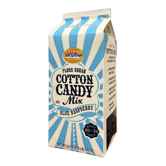 Blue and white striped carton of Great Western Blue Raspberry Cotton Candy Floss Sugar, labeled as ready-to-use and capable of making 60 to 70 cones.
