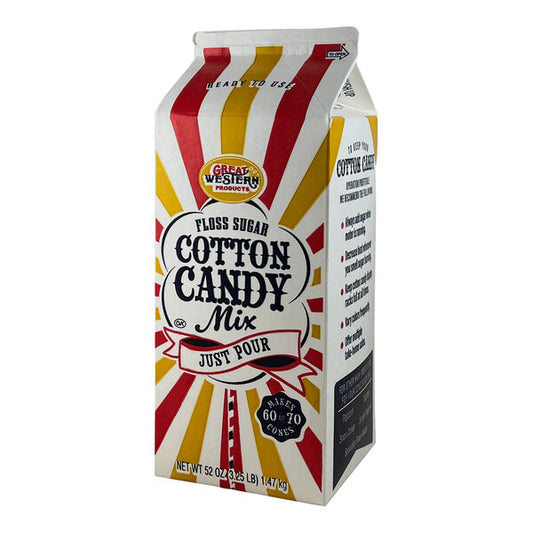 Carton of Great Western Pink Bubble Gum Cotton Candy Floss Sugar with red and yellow stripes, labeled ready to use and makes 60–70 cotton candy cones.