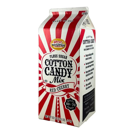 Carton of Great Western Red Cherry Cotton Candy Floss Sugar with red and white stripes, labeled ready to use and makes 60–70 cotton candy cones.