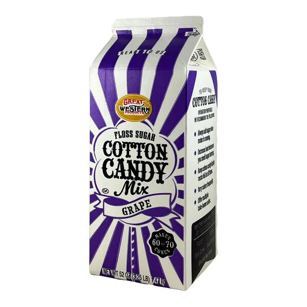 Carton of Great Western Grape Cotton Candy Floss Sugar with purple and white stripes, labeled as ready to use and makes 60–70 cotton candy cones.