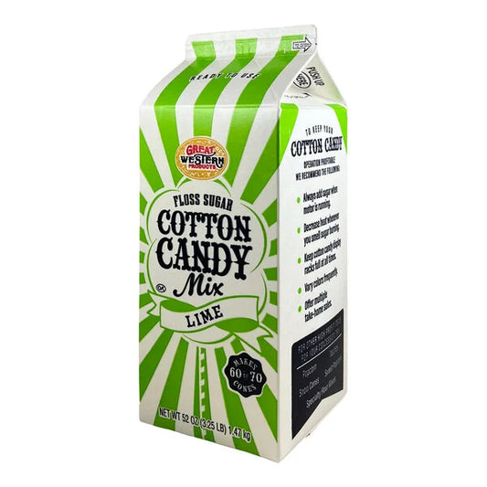 Carton of Great Western Lime Cotton Candy Floss Sugar with green and white stripes, labeled ready to use and makes 60–70 cotton candy cones.