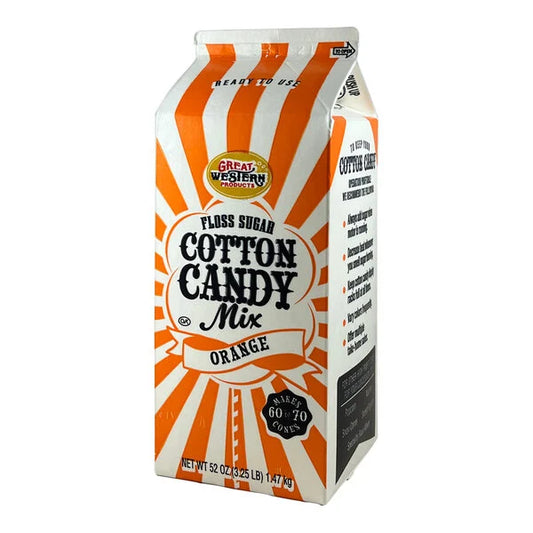 Carton of Great Western Orange Cotton Candy Floss Sugar with orange and white stripes, labeled ready to use and makes 60–70 cotton candy cones.