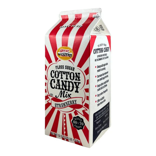 Carton of Great Western Strawberry Cotton Candy Floss Sugar with red and white stripes, labeled ready to use and makes 60–70 cotton candy cones.