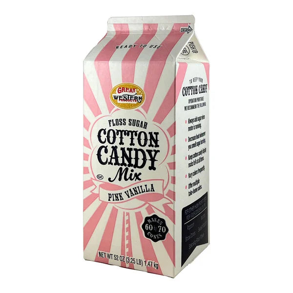Carton of Great Western Pink Vanilla Cotton Candy Floss Sugar with pink and white stripes, labeled ready to use and makes 60–70 cones.