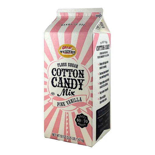 Carton of Great Western Pink Vanilla Cotton Candy Floss Sugar with pink and white stripes, labeled ready to use and makes 60–70 cones.