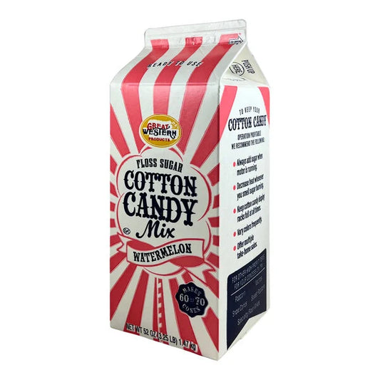 Carton of Great Western Watermelon Cotton Candy Floss Sugar with pink and white stripes, labeled ready to use and makes 60–70 cones.