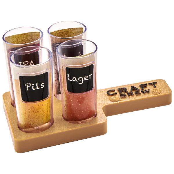 A realistic beer flight paddle with four small cups, each labeled with different beer names, designed as a cake topper.