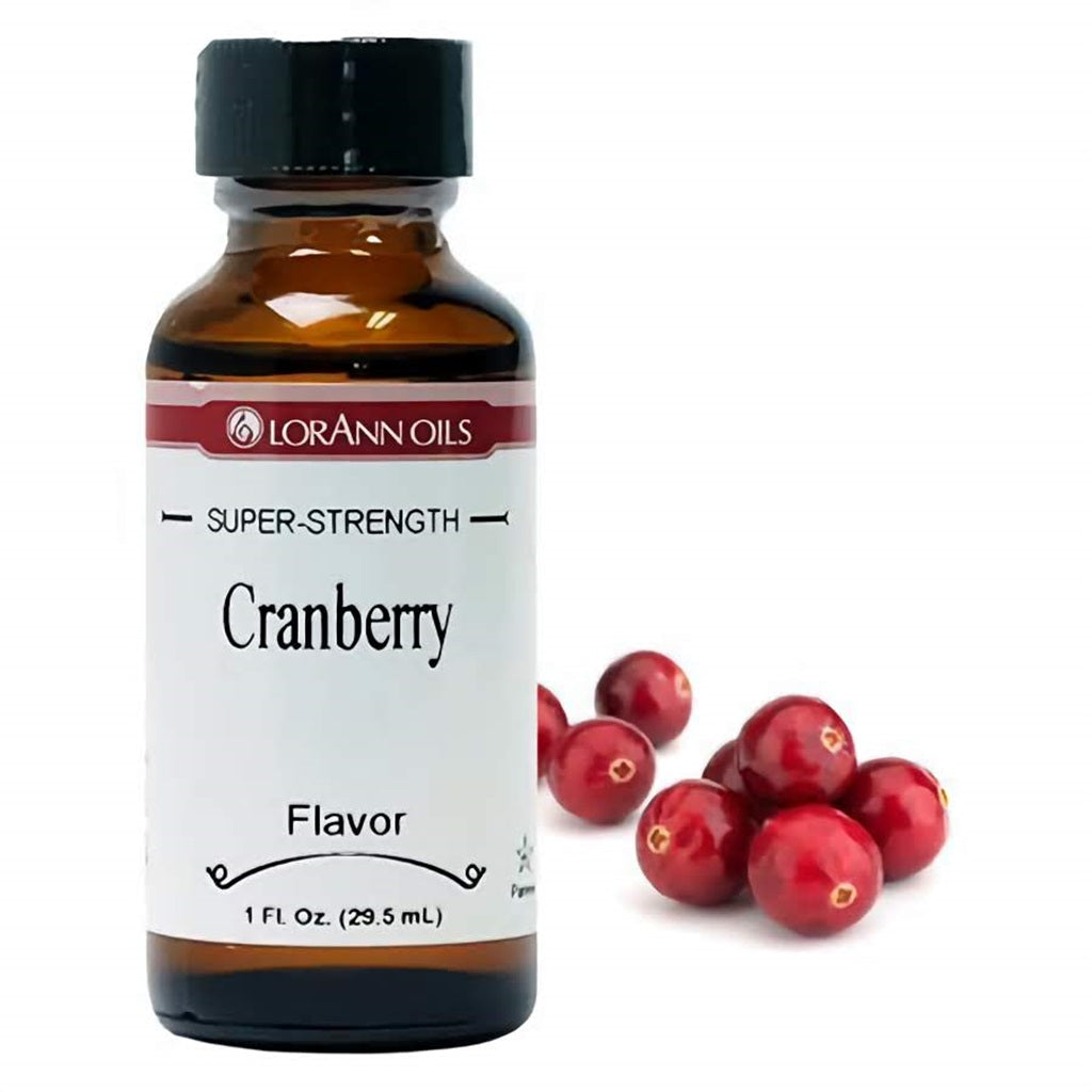 LorAnn Oils Super Strength Cranberry Flavor in a 1 fl oz bottle, presented with glossy, ripe cranberries, indicating the sharp and tangy fruit essence.