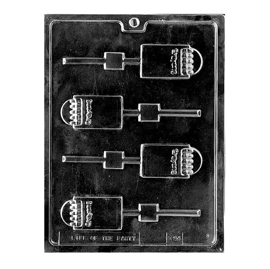 Plastic chocolate mold for creating crayon box-shaped suckers, featuring rectangular cavities with a crayon design, perfect for crafting playful candy treats.