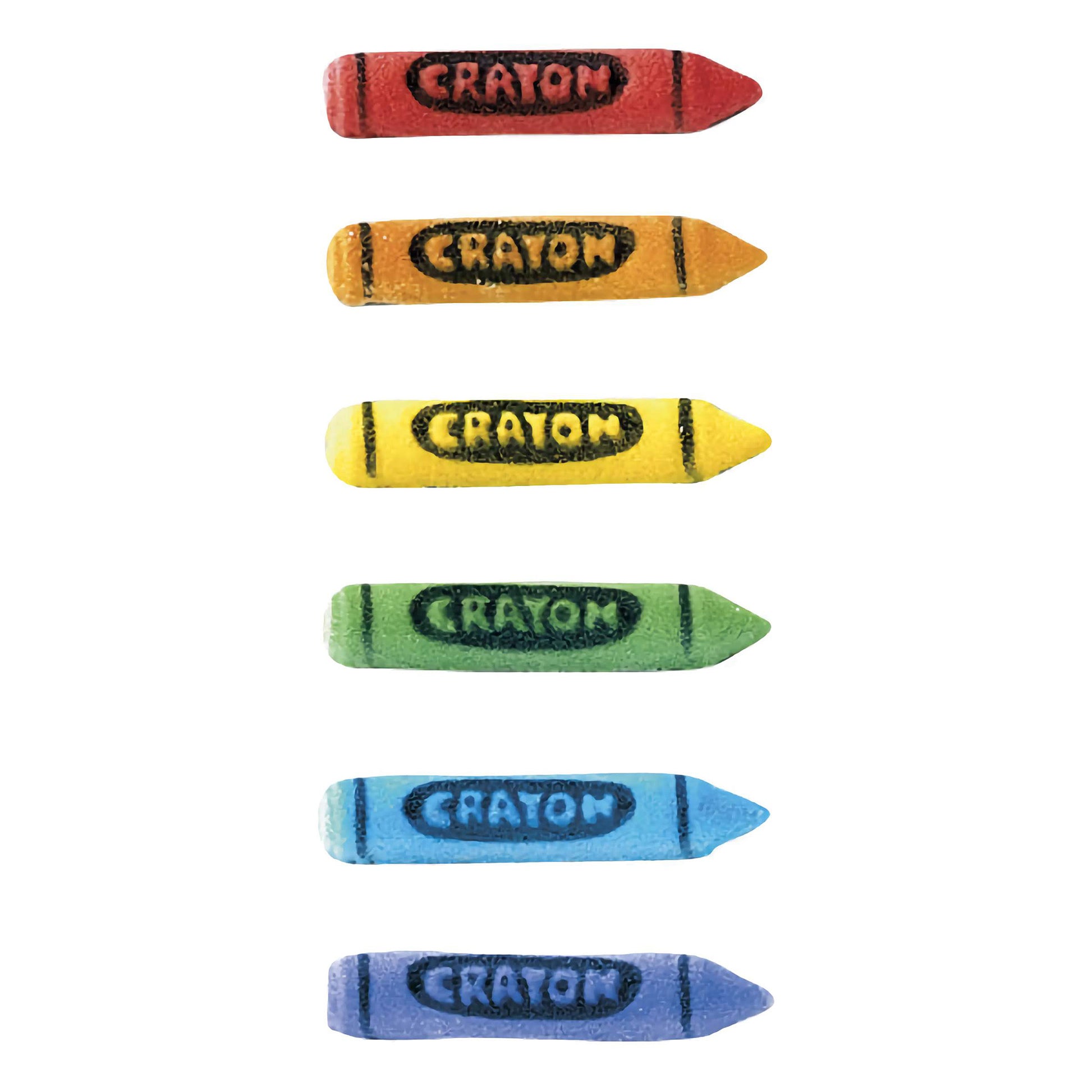 Colorful assortment of pressed sugar cake decorations shaped like crayons in red, orange, yellow, green, blue, and purple, each labeled 'CRAYON' in black text.