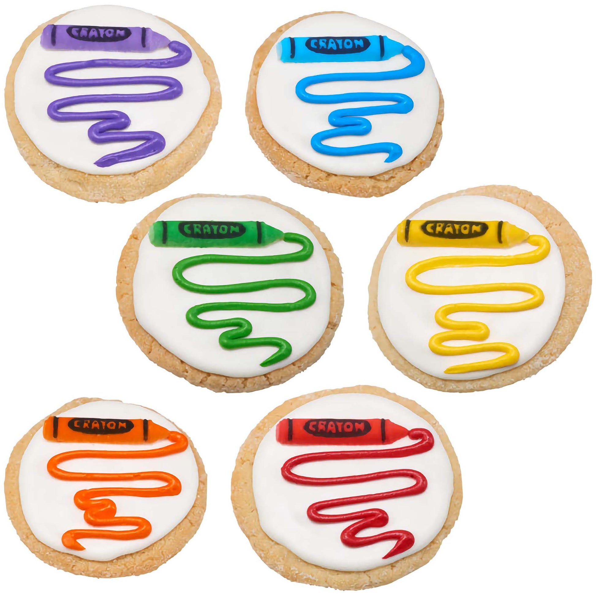 Set of round cookies each topped with white icing and decorated with pressed sugar crayons in purple, blue, green, yellow, orange, and red, drawn in squiggly lines to mimic crayon scribbles.