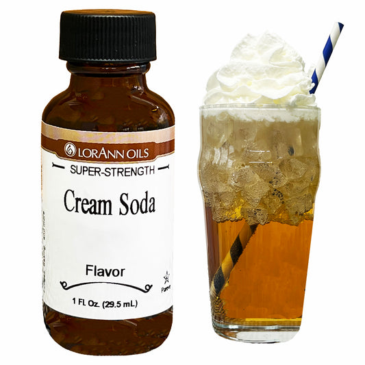 Image of LorAnn Oils Super-Strength Cream Soda Flavor bottle next to a glass of cream soda topped with whipped cream and a striped straw.