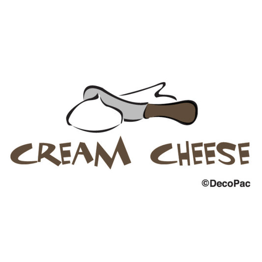 Cream cheese flavor cake label with an illustration of a dollop of cream cheese and spreading knife, perfect for bakery display signage.