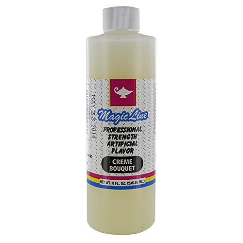 Tall 8 fl. oz bottle of Magic Line Creme Bouquet artificial flavor, showing a white label with a red teapot logo and colorful bottom stripes.