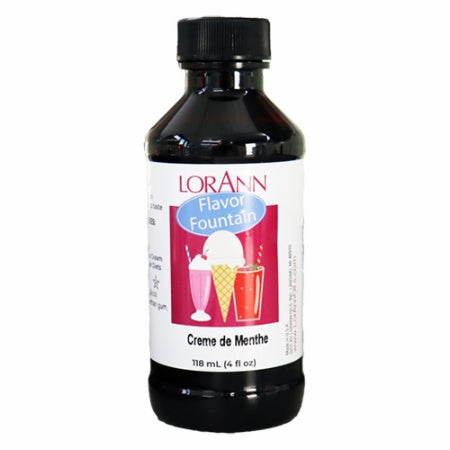 LorAnn Crème de Menthe Flavor Fountain bottle with illustrated label of milkshakes and ice cream, used to flavor frozen desserts and drinks with minty sweetness