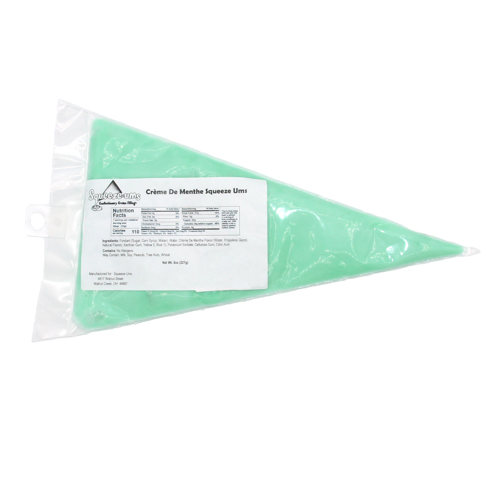 Crème De Menthe Truffle Filling Squeeze-Ums in an 8 oz bag, mint-flavored soft cream filling for truffles and chocolates.