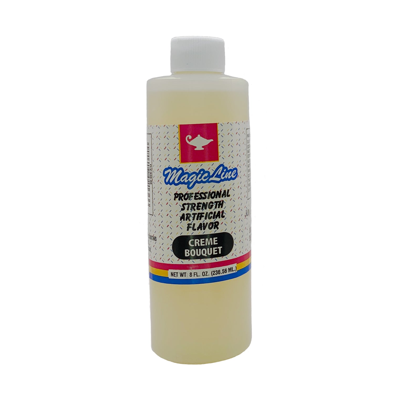 Tall 8 fl. oz bottle of Magic Line Creme Bouquet artificial flavor, showing a white label with a red teapot logo and colorful bottom stripes.