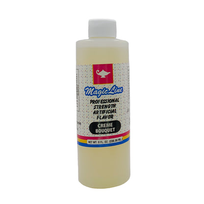Tall 8 fl. oz bottle of Magic Line Creme Bouquet artificial flavor, showing a white label with a red teapot logo and colorful bottom stripes.