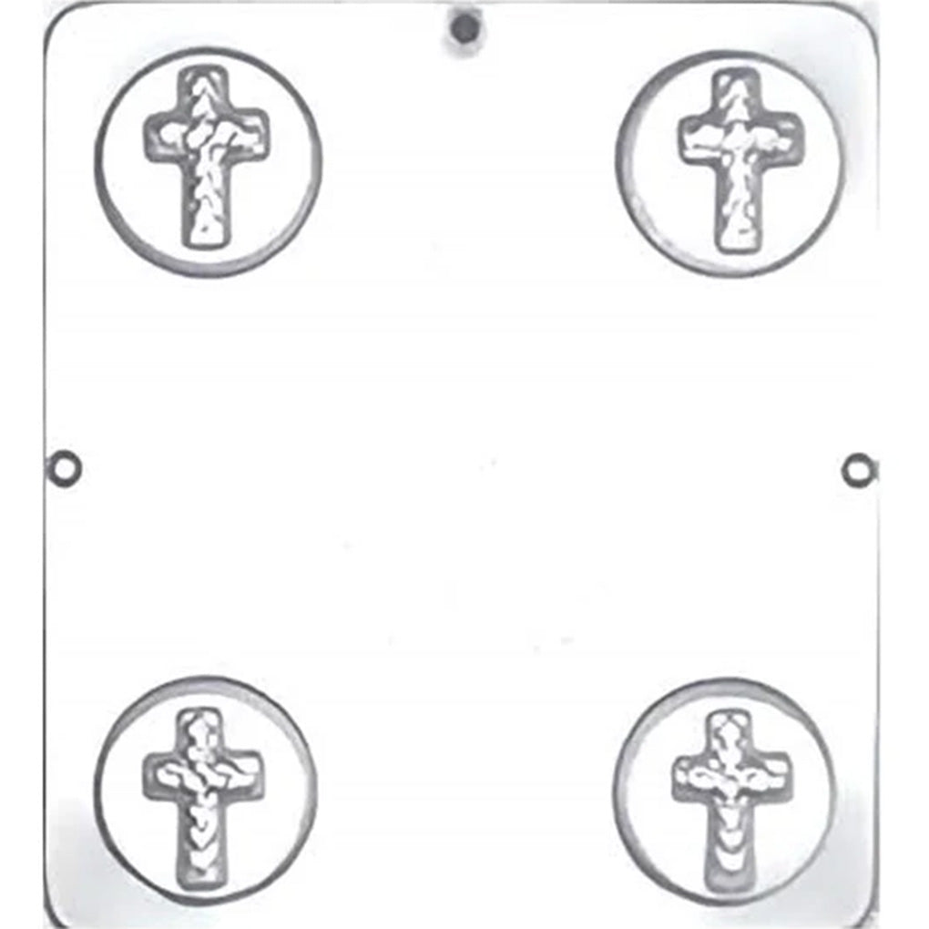 Clear plastic chocolate mold with four round cavities, each featuring a raised cross design in the center, shown on a white background.