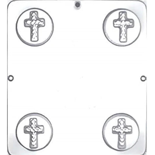 Clear plastic chocolate mold with four round cavities, each featuring a raised cross design in the center, shown on a white background.