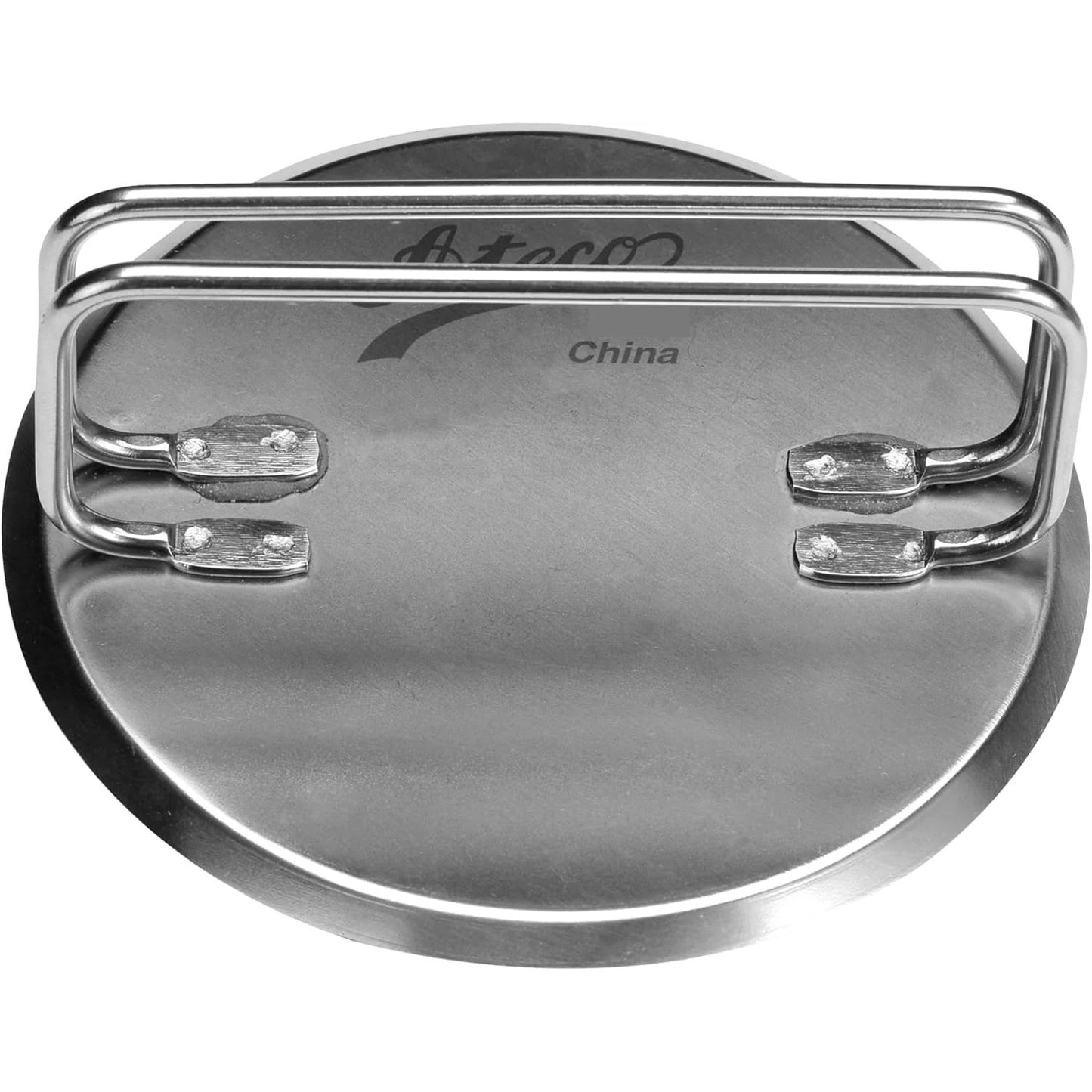 Underside view of a stainless steel bread stamp with a rounded base and two parallel metal handles attached across the top.