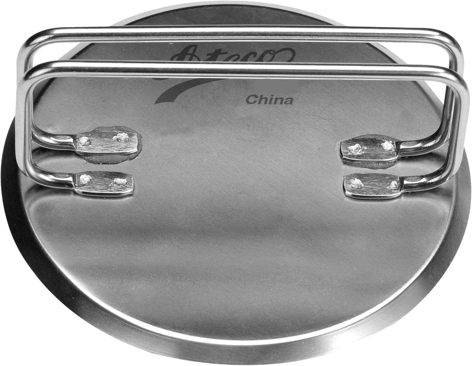 Handle of Ateco stainless steel bread stamp with a cross pattern, designed for embossing rolls and boules before baking, featuring a sturdy handle and durable construction.