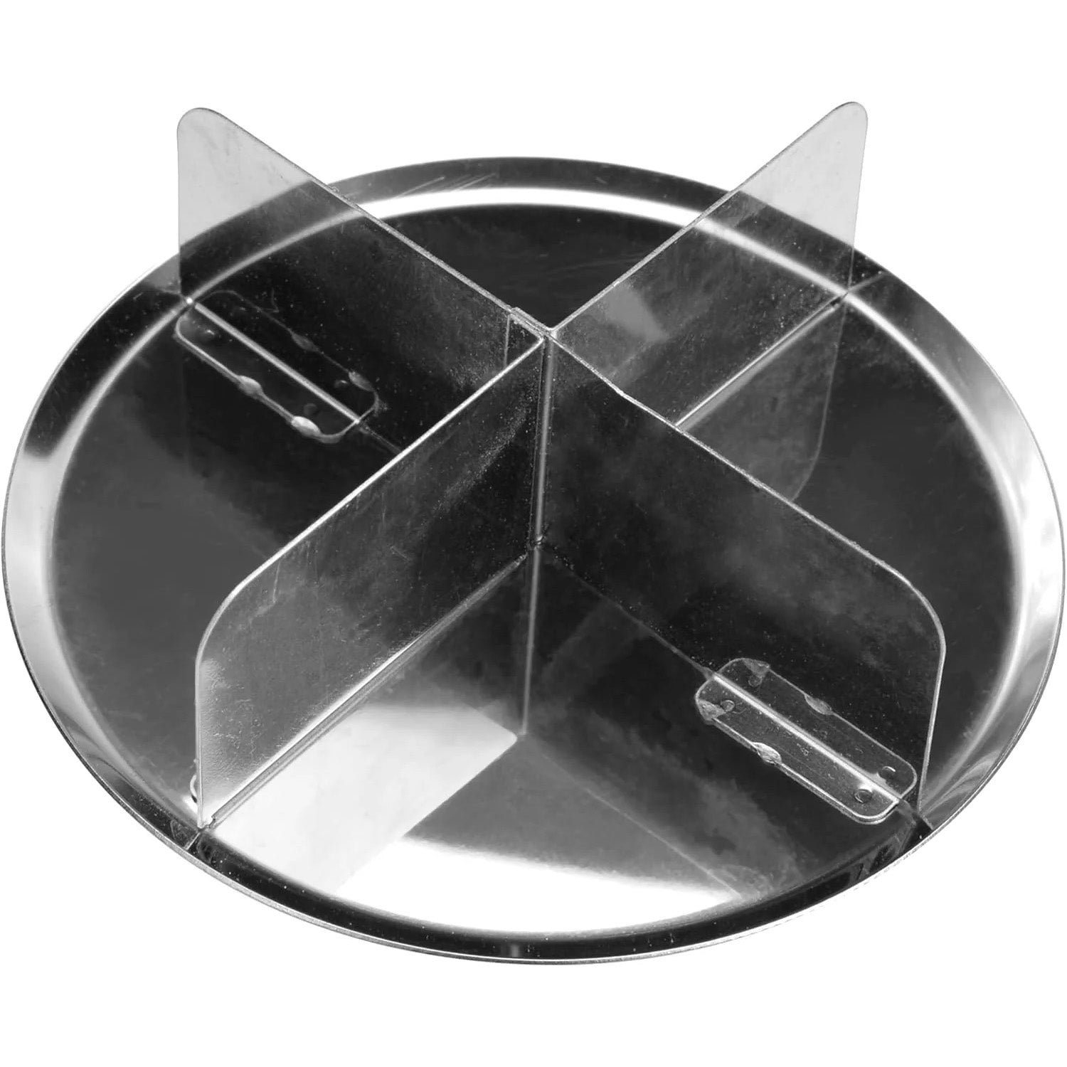 Stainless steel bread stamp viewed from above, showing a round base with a raised cross-shaped divider and two clear plastic protective guards.