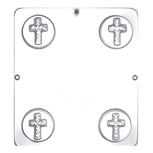 Chocolate mold designed for creating round lollipop chocolates, each with a prominently displayed cross in the center. The cross is elegantly outlined within the circular cavity, suitable for religious occasions such as baptisms, First Communions, confirmations, or Easter celebrations.