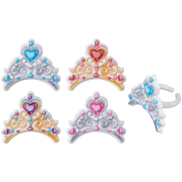 Set of four plastic princess tiara cupcake rings in assorted colors with heart gem accents.