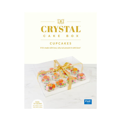 PME Crystal Cake Box packaging showing clear presentation box with floral cupcakes and gold ribbon, holds 12 cupcakes.