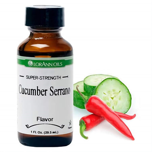 1 fl oz bottle of LorAnn Oils Super Strength Cucumber Serrano Flavor, with slices of fresh cucumber and red serrano peppers, suggesting a crisp, spicy kick.