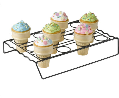 A close-up of the cupcake cone rack with six cupcake cones, showcasing the sturdy wire design that keeps them upright while baking and decorating.