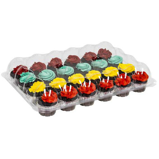 Clear plastic cupcake container with 24 cupcakes inside, shown closed with a domed lid; cupcakes have colorful frosting swirls in red, yellow, teal, and dark red.