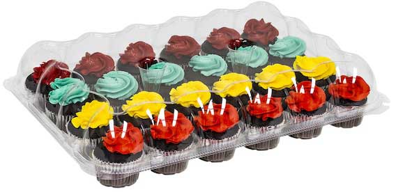 Clear 24-compartment mini cupcake container filled with colorful frosted cupcakes, featuring a secure front button lock closure.