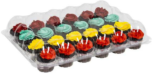 Clear 24-compartment mini cupcake container filled with colorful frosted cupcakes, featuring a secure front button lock closure.