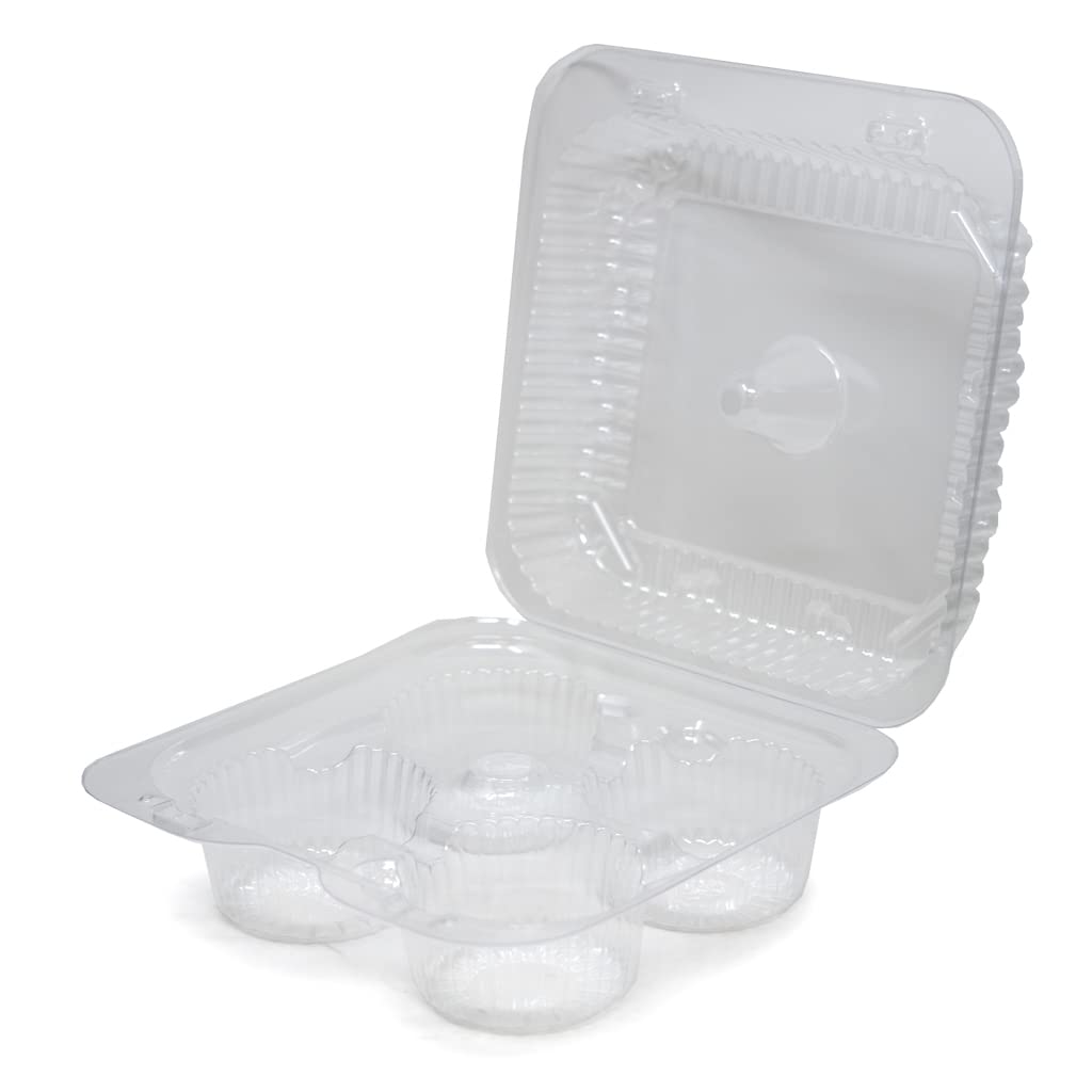 Open Clear plastic 4-count cupcake and muffin container with secure bar-lock closure, designed for freshness, display, and easy transport.