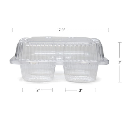 Clear plastic 4-count cupcake and muffin container with secure bar-lock closure, designed for freshness, display, and easy transport with 7.5" x 3" dimensions, and 2" cup size.