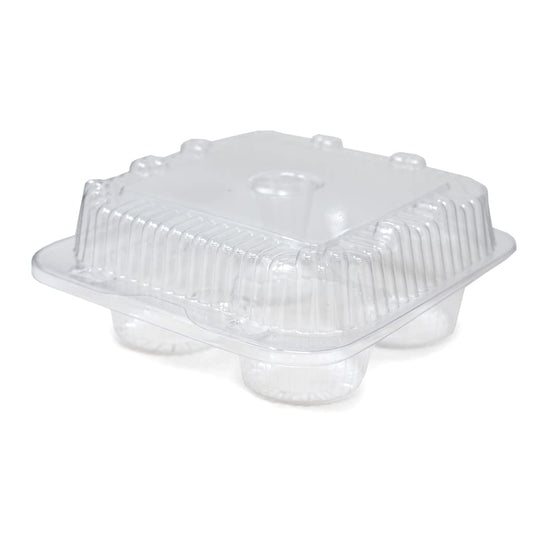 Clear plastic 4-count cupcake and muffin container with secure bar-lock closure, designed for freshness, display, and easy transport.