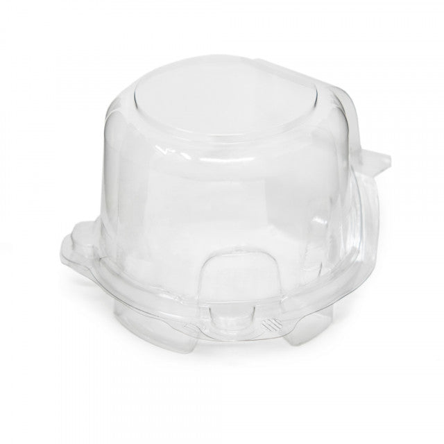 Clear single-cup cupcake and muffin container made from PET plastic, featuring a secure hinged lid and button lock closures.