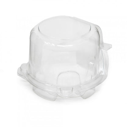 Clear single-cup cupcake and muffin container made from PET plastic, featuring a secure hinged lid and button lock closures.