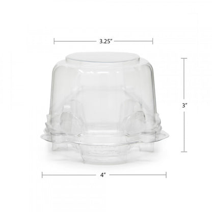 Clear PET plastic single-cup cupcake container with dimensions: 4 inches wide, 3 inches tall, and 3.25-inch top diameter.