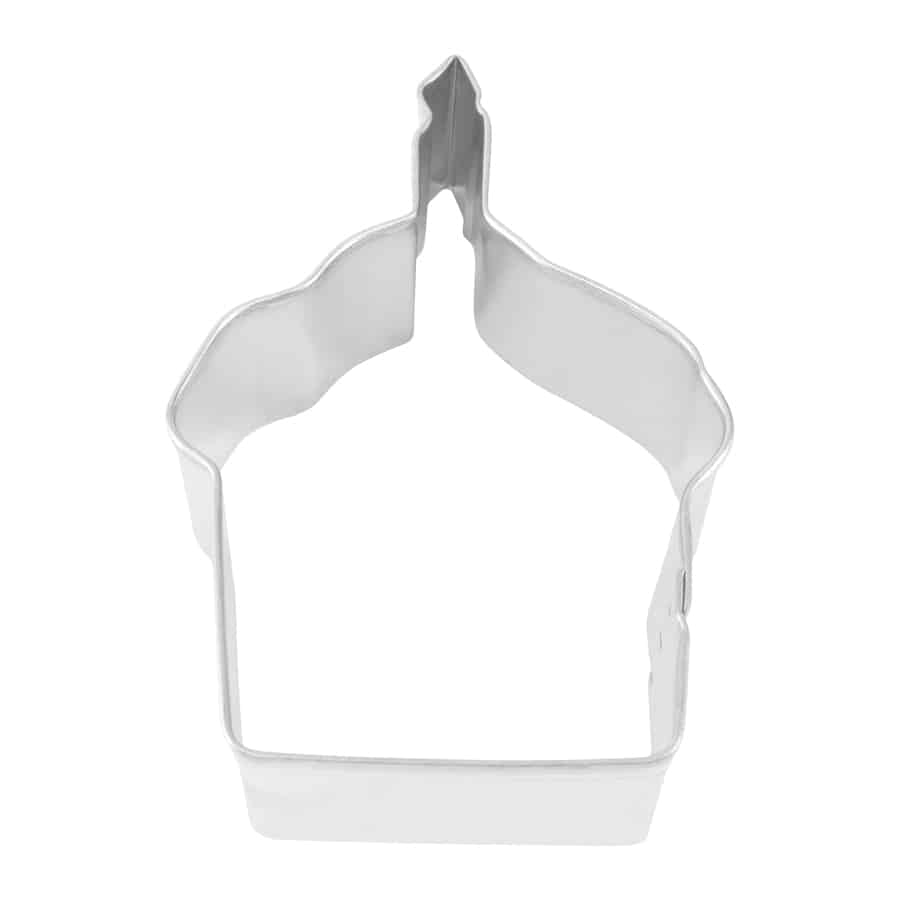 Cupcake-shaped metal cookie cutter, measuring 3.5 inches tall and 2.25 inches wide.