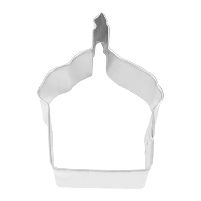 Cupcake-shaped metal cookie cutter, measuring 3.5 inches tall and 2.25 inches wide.