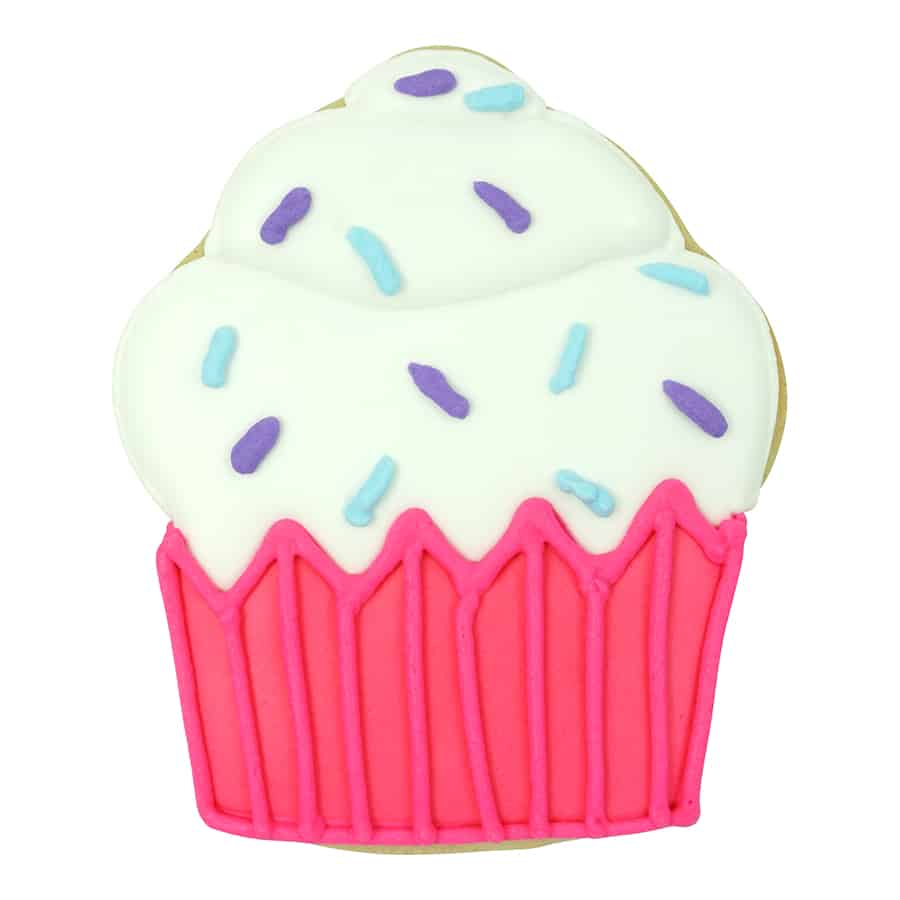 Decorated cupcake-shaped cookie with white frosting, colorful sprinkles, and a pink cupcake liner.